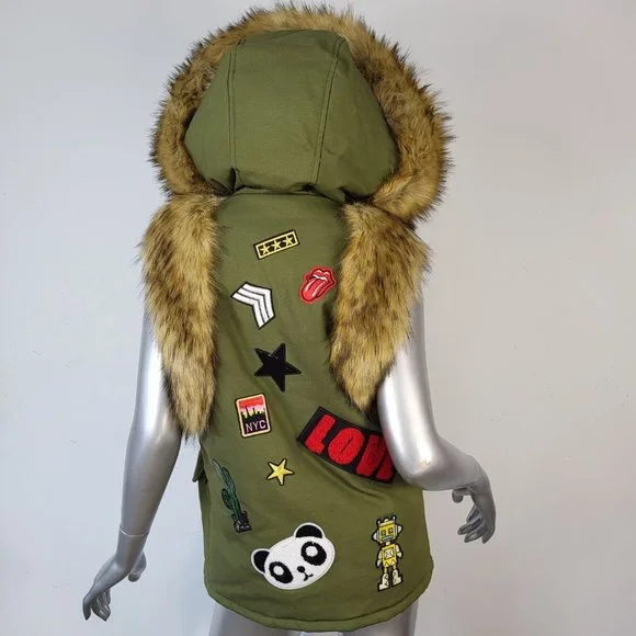NWOT~$545~KINGSTAR~S/M~ARMY GREEN HOODED FAUX FOX RACCOON FUR PATCHES VEST COAT